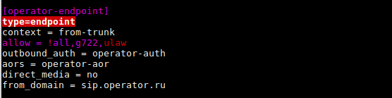 Пример параметров раздела Endpoint для подключения транка к оператору связи