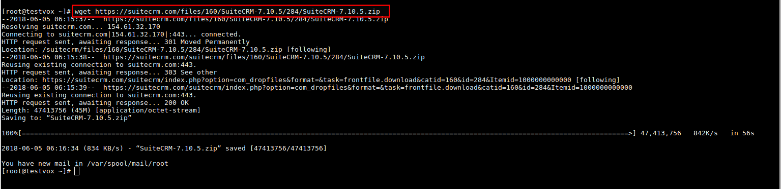 Скачивание архива SuiteCRM с помощью утилиты wget