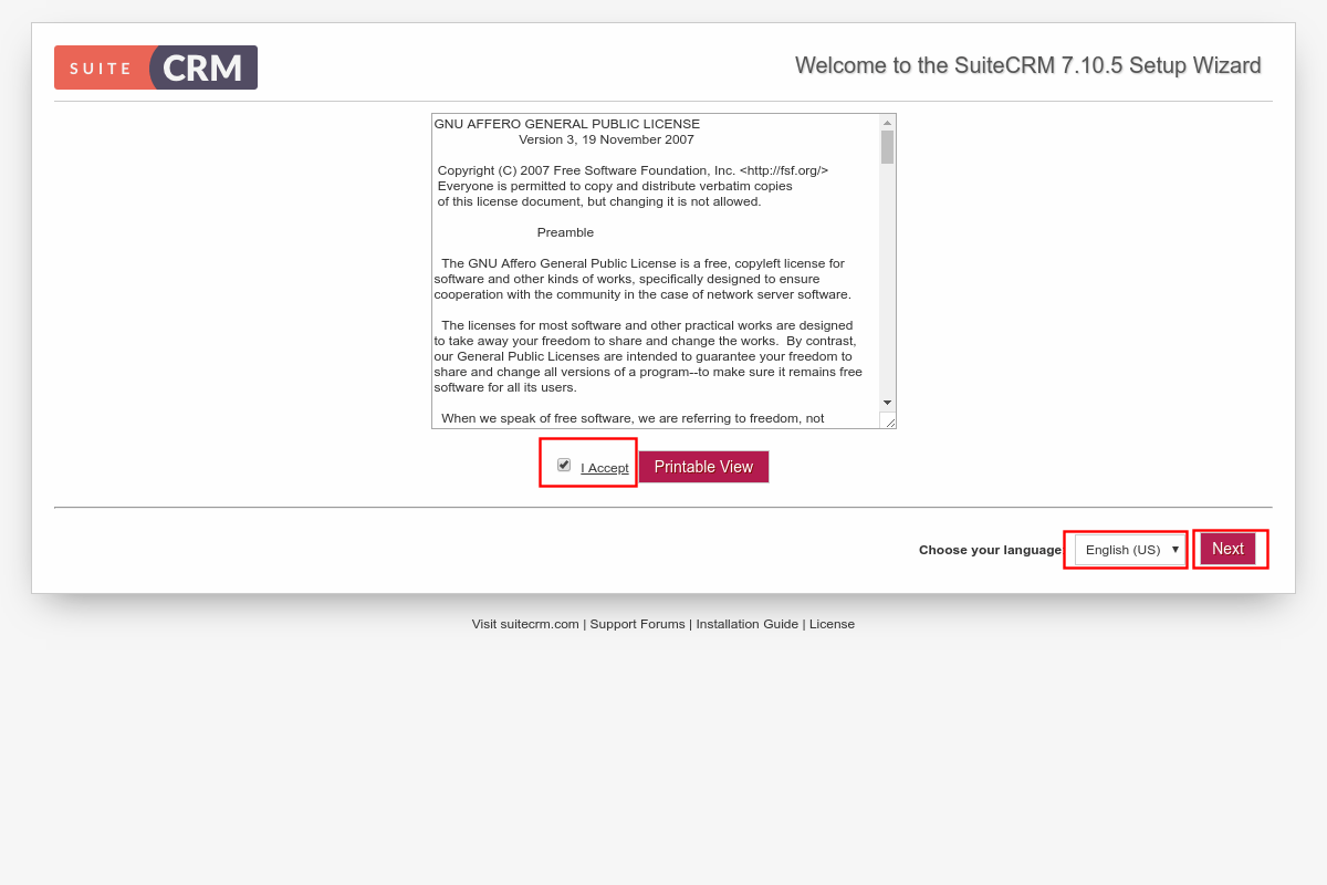 Лицензионное соглашение и выбор языка установки SuiteCRM
