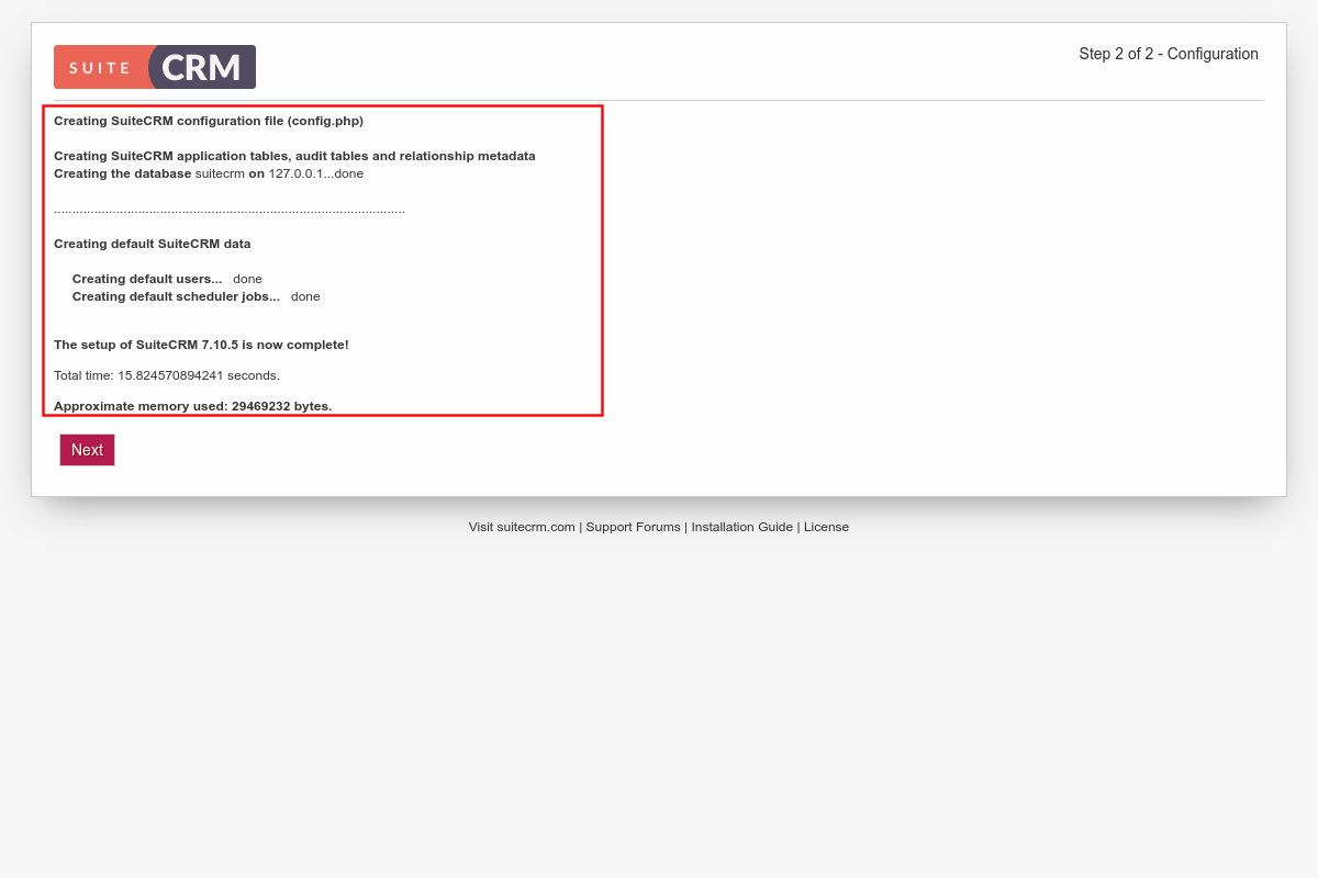 Завершение установки SuiteCRM