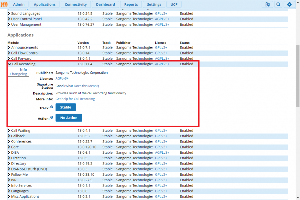 Раздел Applications с модулем Call Recording. 