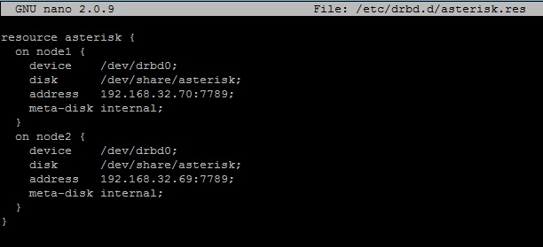Конфигурационный файл ресурса asterisk /etc/drbd.d/asterisk.res