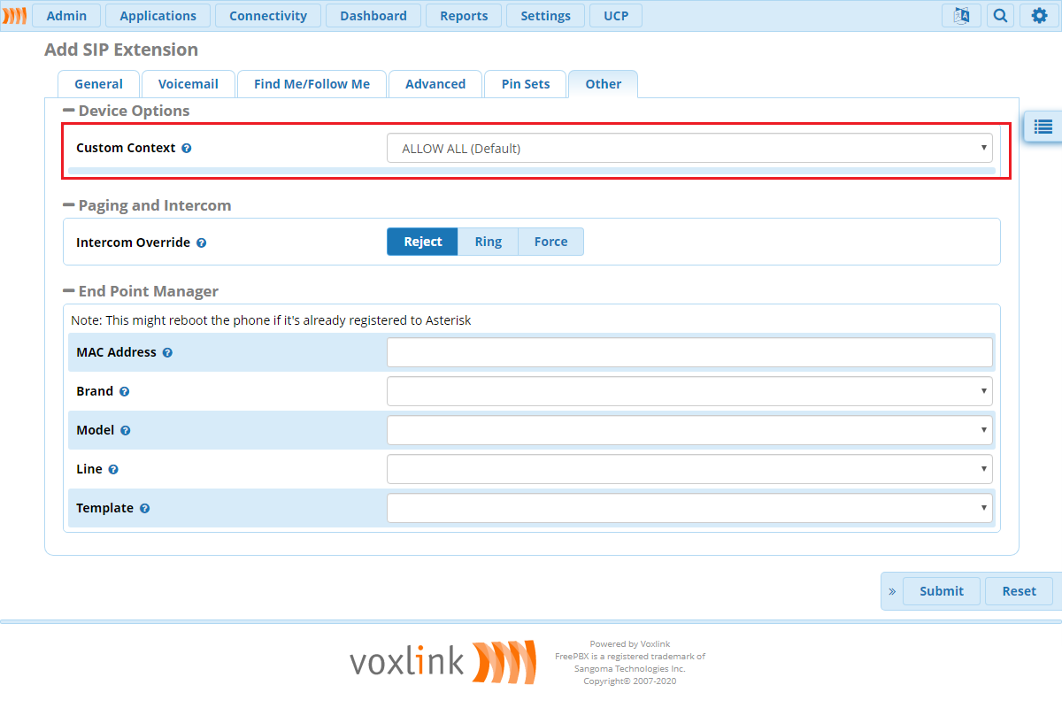 Изменение значения по умолчанию Custom Context при создании нового  экстеншена в FreePBX - Asterisk IP-телефония