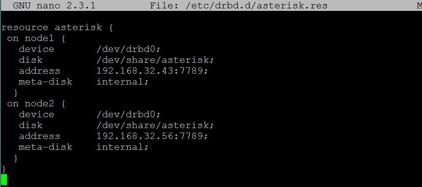  Конфигурационный файл ресурса asterisk /etc/drbd.d/asterisk.res 